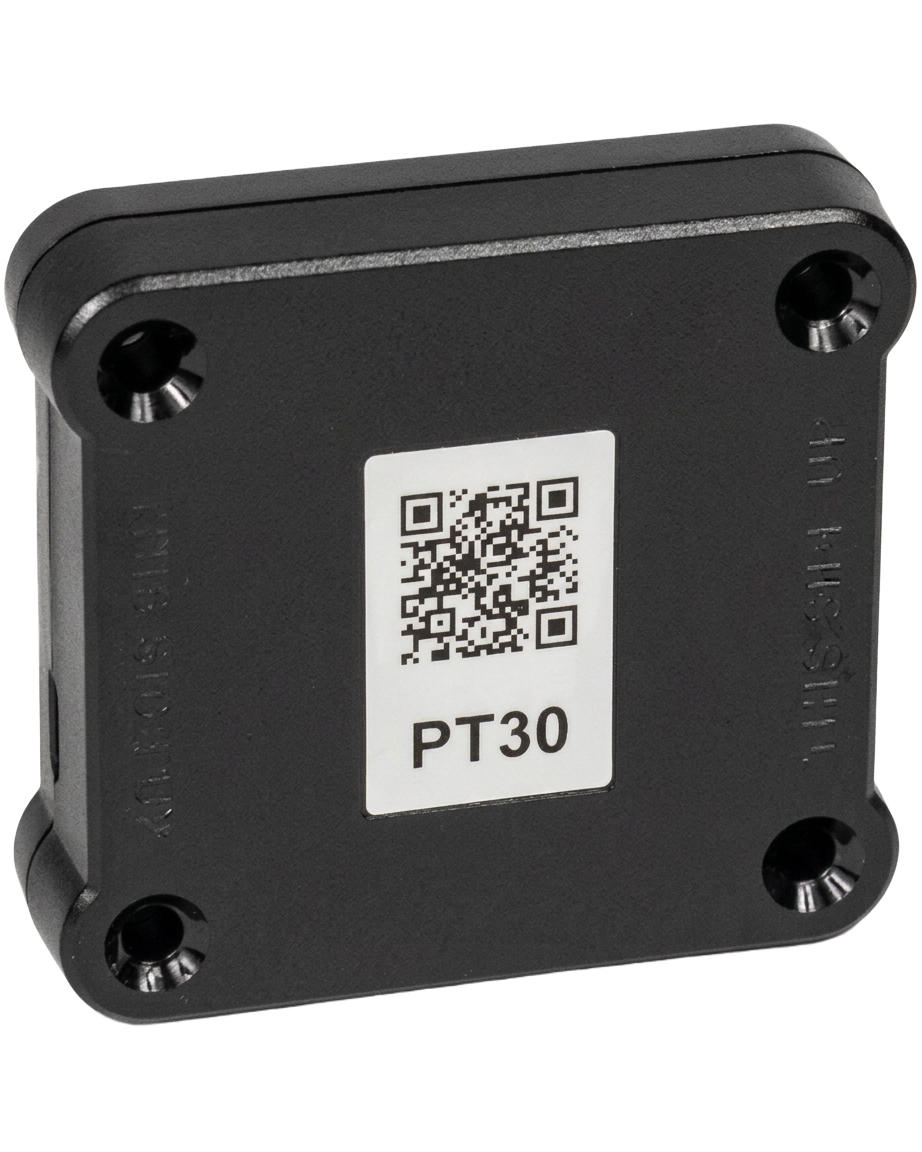 Truck Pilot PT30 rugged ELD device with QR-coded asset tag
